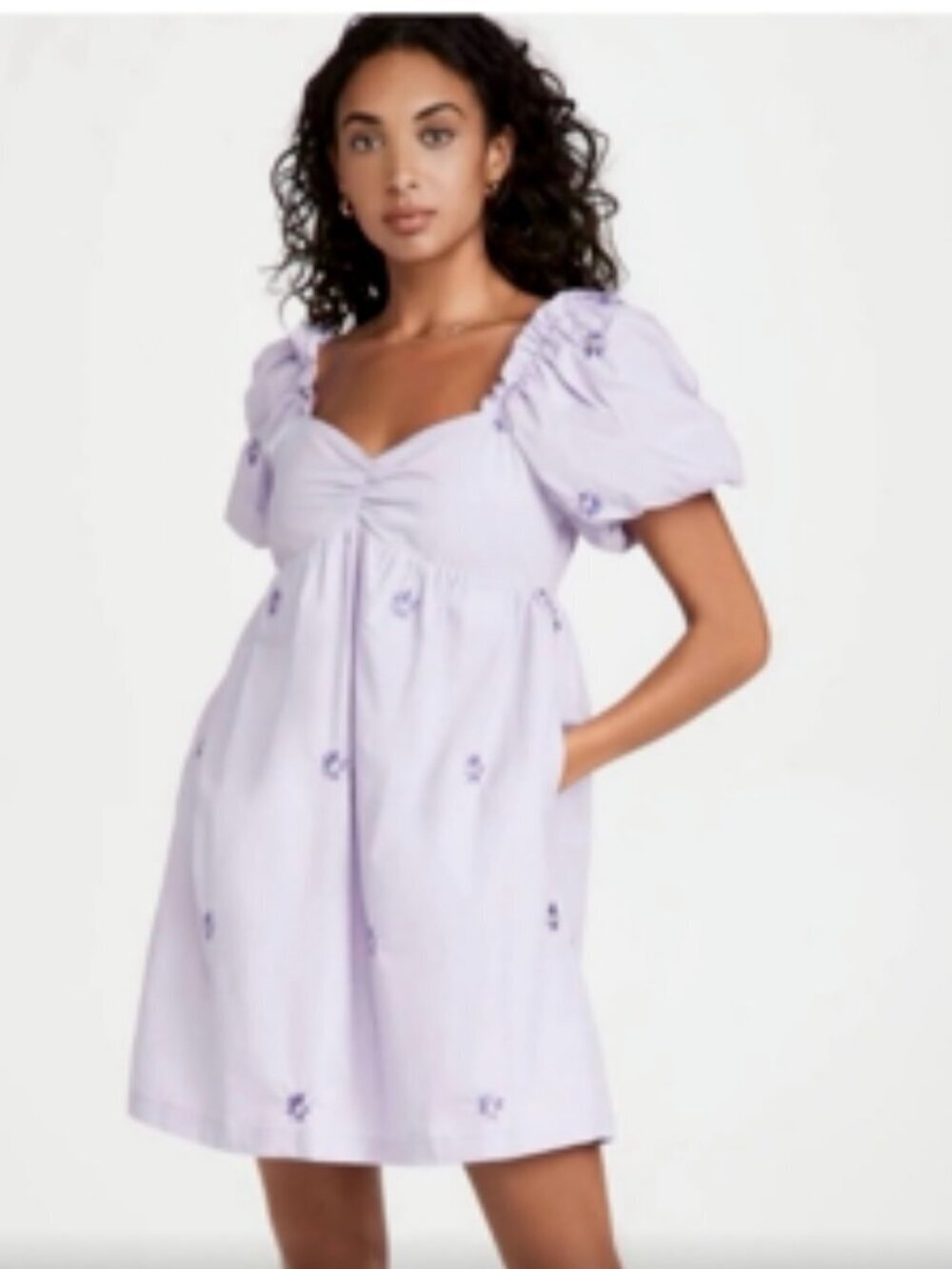 English Factory Puff Sleeve Lilac Floral Embroidery Dress Smocked Back Medium